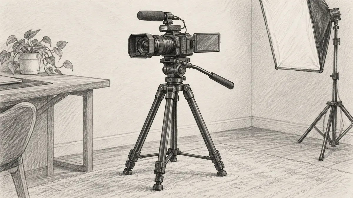 Ceruzarajz: videókamera állványon egy kis otthoni stúdió sarkában