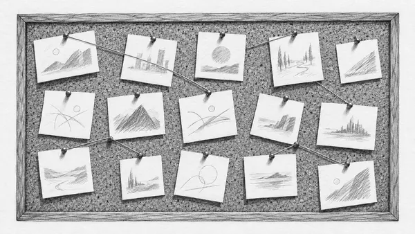 Ceruzarajz: parafatábla, rajta kitűzött kis storyboard-lapok